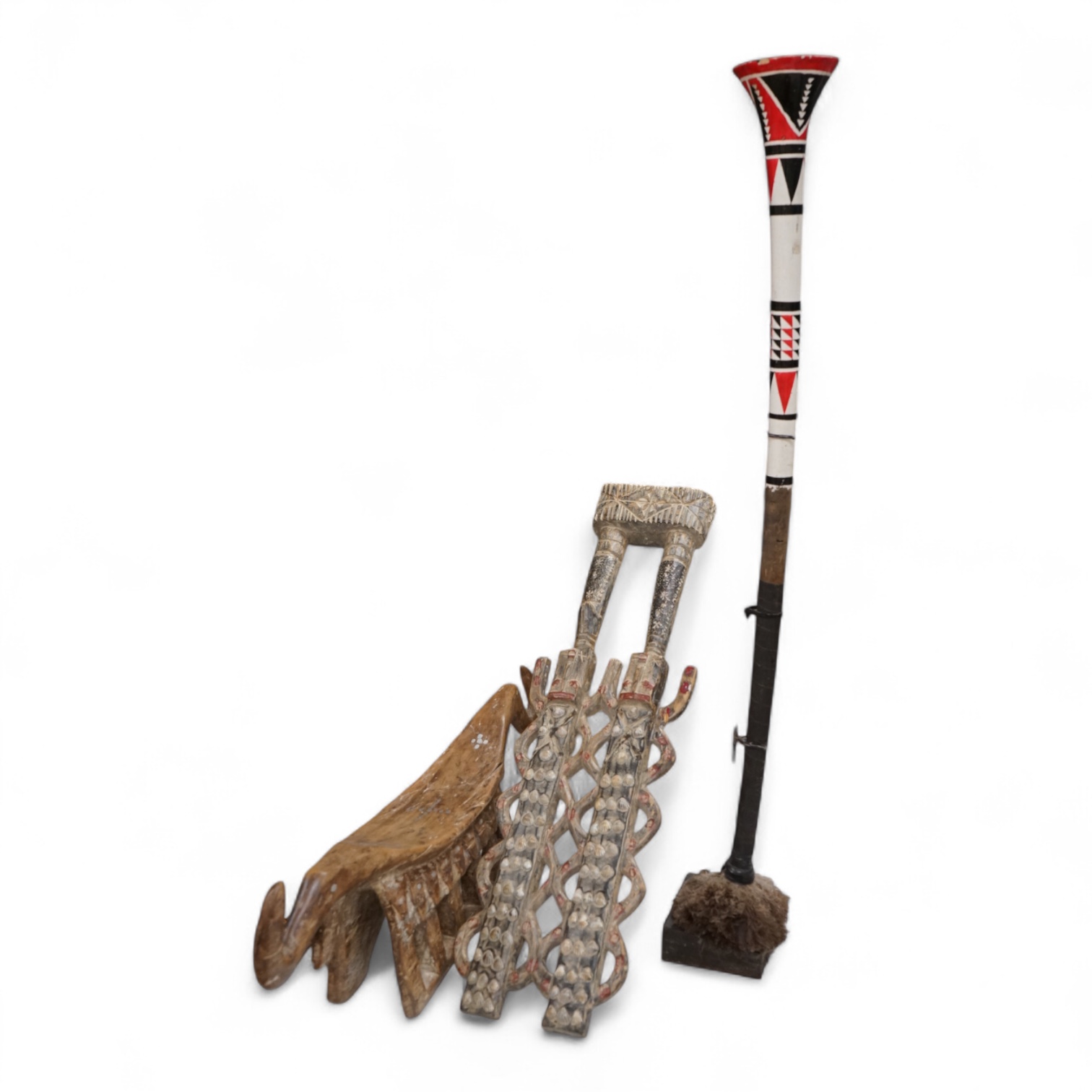 A Zulu painted wood fighting stick, a Nigerian twin group and a headrest (3)